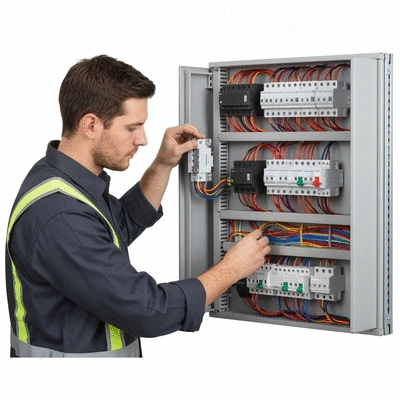 Electrician working on a circuit breaker panel with wiring, focus on safety and precision, no text, no words, no typography, clean image, 8K