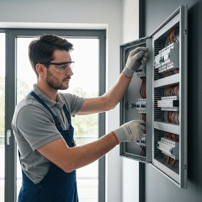 Electrician working on a circuit breaker panel in a modern home, with a focus on safety and compliance