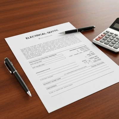 Document de devis électrique détaillé posé sur une table, avec un stylo et une calculatrice à côté