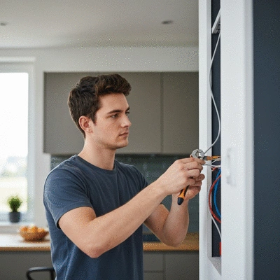 Electrician working on a modern electrical installation, focus on safety and precision