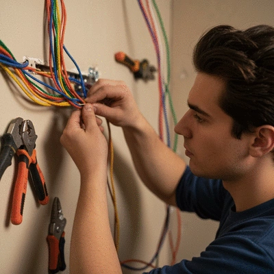 Gros plan sur un électricien installant un nouveau câblage électrique dans un mur, avec des fils colorés et des outils visibles, mise au point sur les mains, no text, no words, no typography, no labels, clean image