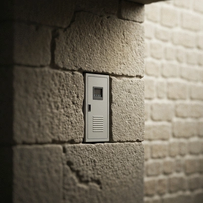 Modern electrical panel in an old stone building