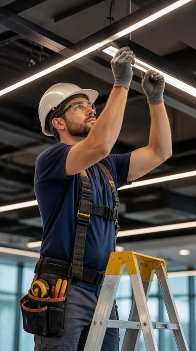 Electrician installing modern LED lighting in a commercial space