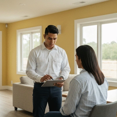 Electrician explaining a quote to a homeowner on a tablet, professional setting