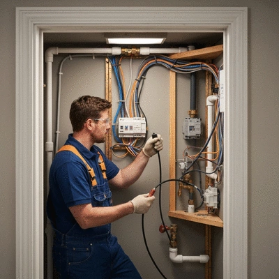 Plumber electrician inspecting wiring