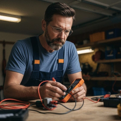 Électricien professionnel utilisant un multimètre pour diagnostiquer un problème électrique