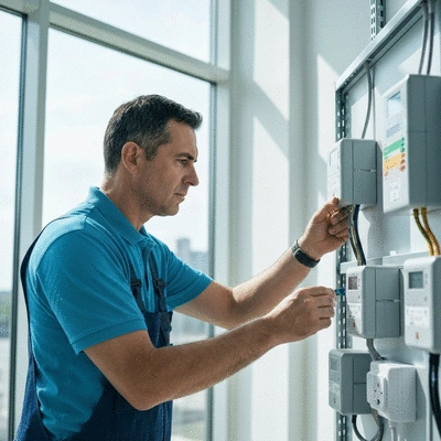 Électricien vérifiant des installations électriques dans un bâtiment moderne