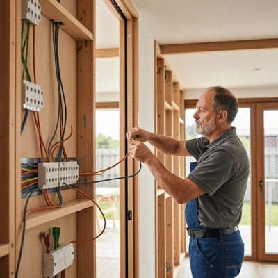 Electrician installing new electrical wiring in a modern home, showing safety and compliance, no text, no words, no typography, 8K