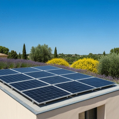Panneaux solaires sur un toit de maison moderne à Avignon, avec un ciel bleu et une végétation provençale