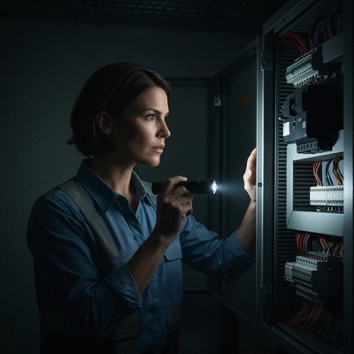 Personne vérifiant un tableau électrique dans l'obscurité avec une lampe de poche
