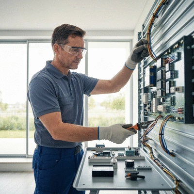 Electrician performing an electrical diagnostic inside a modern home