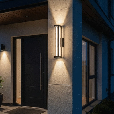 Close-up of a stylish outdoor LED wall light illuminating a modern home's entrance at night