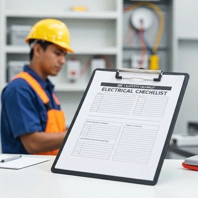 Checklist de sécurité électrique sur un presse-papiers avec un électricien en arrière-plan