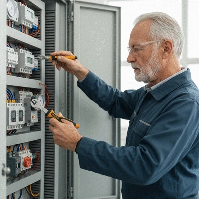 Electrician checking electrical panel for diagnostic