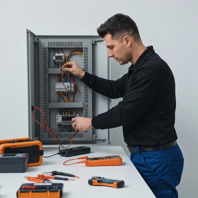 Electrician working on a smart home electrical panel