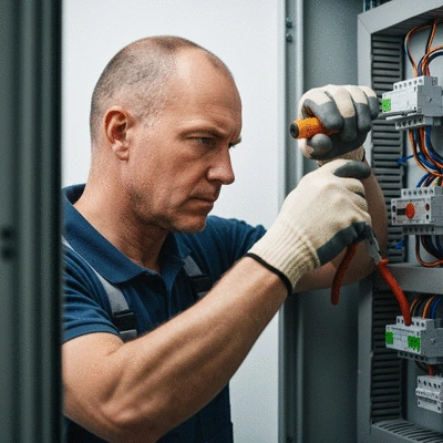 Electrician working on an electrical panel, close up, safety gloves, tools