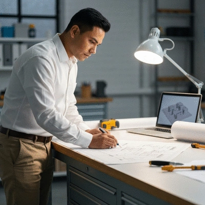 Electrician reviewing electrical blueprints