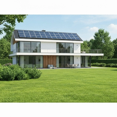 Modern house with solar panels and energy-efficient windows, surrounded by green landscape