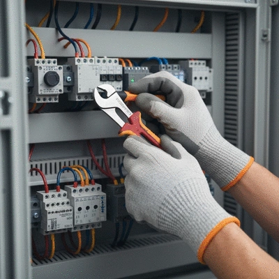 Hands of an electrician working on a modern electrical panel