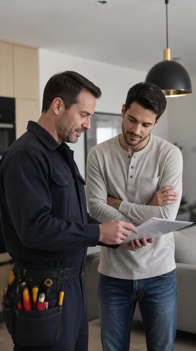 Électricien professionnel expliquant un devis à un client dans une maison moderne