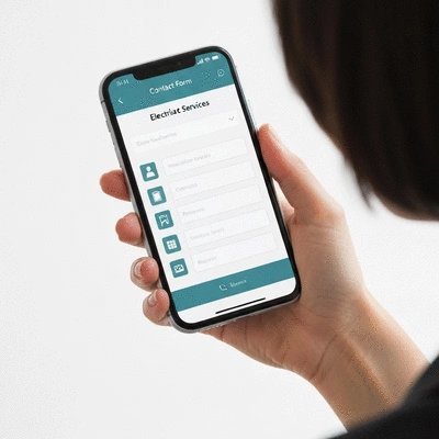 Hand holding a smartphone displaying a contact form for electrician services, clean image