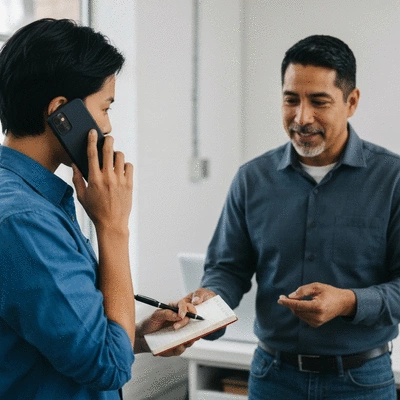 Person on phone getting a quote from an electrician, professional setting, no text