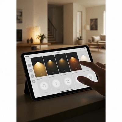 Smart home interface on a tablet controlling various lighting zones