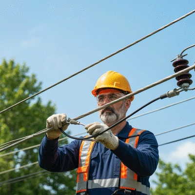 Technician working on electrical lines outdoors, symbolizing maintenance and weather impact