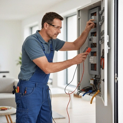 Électricien professionnel inspectant un tableau électrique avec des outils, dans un environnement domestique propre, sans texte, sans mots, sans typographie, 8K