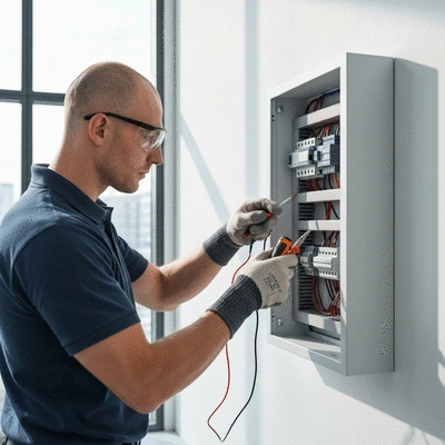 Artisan électricien inspectant un tableau électrique moderne avec des outils, ambiance professionnelle, lumière naturelle