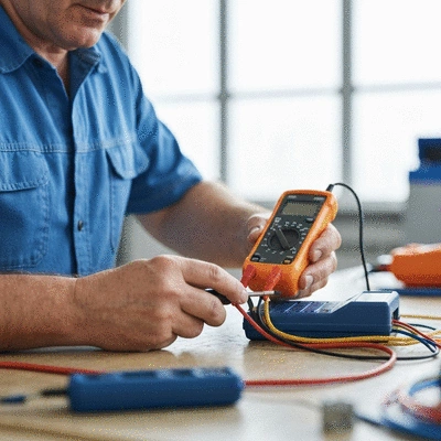 Gros plan sur les mains d'un électricien travaillant sur un câblage électrique avec des outils, mettant l'accent sur la sécurité