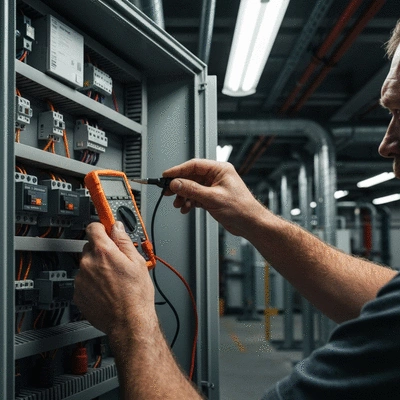 Close-up of an electrician checking an electrical panel