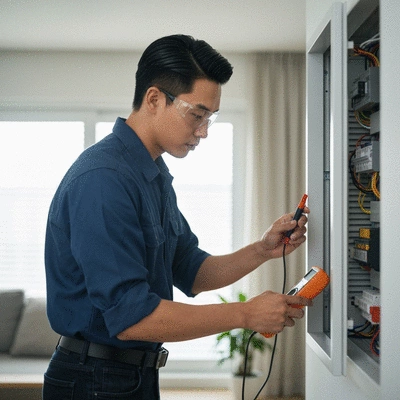 Électricien travaillant sur un tableau électrique résidentiel moderne avec des outils, mettant l'accent sur la sécurité et le professionnalisme
