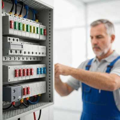 Boîte à fusibles moderne avec des fusibles intacts et un électricien qualifié