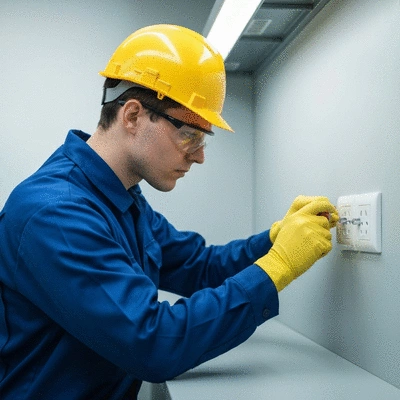 Gros plan sur un technicien vérifiant une prise électrique murale, accent sur la sécurité et l'entretien préventif, lumière douce