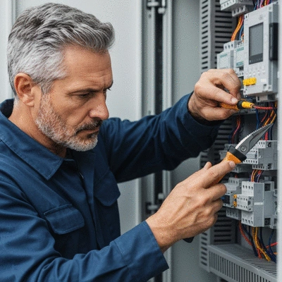 Professional electrician working on an electrical panel with tools