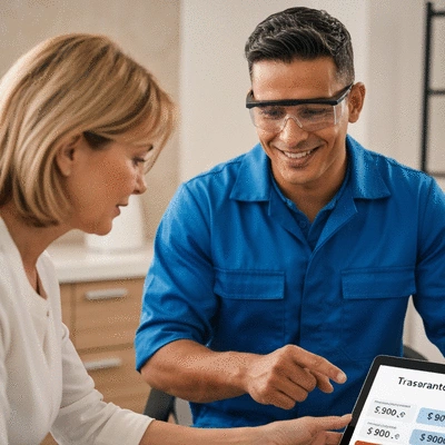 Gros plan sur un électricien souriant discutant des coûts et des services avec un client à Avignon sur une tablette, montrant la transparence des tarifs