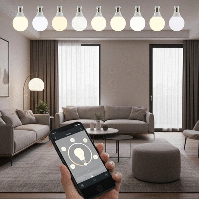 Smart LED bulbs and a smartphone controlling them, in a living room setting, no text, no words, no typography, 8K