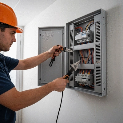 Electrician installing a new electrical panel in a residential setting