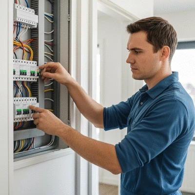 Electrician checking a circuit breaker panel in a modern home