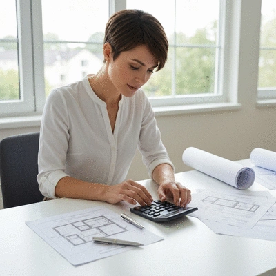 Person calculating renovation costs with a calculator and documents