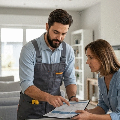 Electrician explaining a detailed quote to a homeowner in Avignon