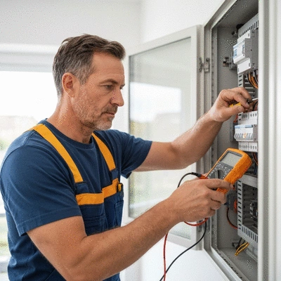 Électricien travaillant sur un tableau électrique résidentiel