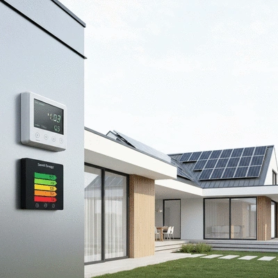 Modern home with smart energy meter and solar panels, illustrating energy efficiency