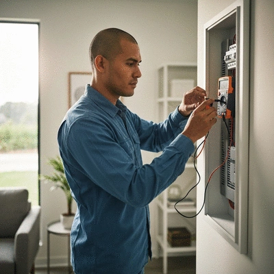 Electrician inspecting a modern circuit breaker panel with a multimeter