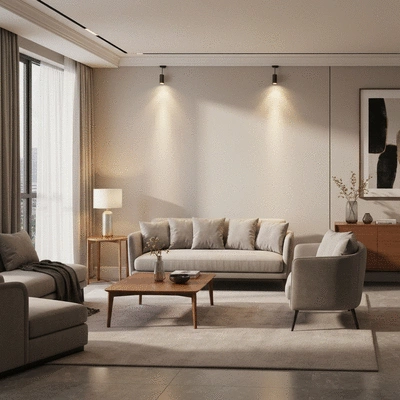 Modern living room with adjustable warm lighting for a cozy ambiance