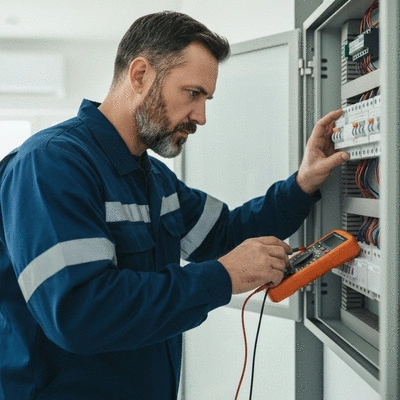 Electrician inspecting a circuit breaker panel with a multimeter, focused and serious, in a modern home