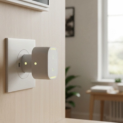 Close-up of a smart plug in a wall outlet, with a subtle glow indicating energy monitoring