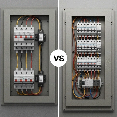 Modern and old electrical panels side-by-side, showcasing safety improvements