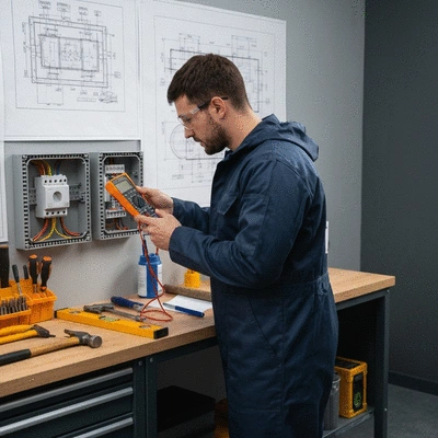 Électricien professionnel vérifiant les installations électriques, avec des outils et des plans en arrière-plan, éclairage naturel, pas de texte, pas de mots, pas de typographie, 8K